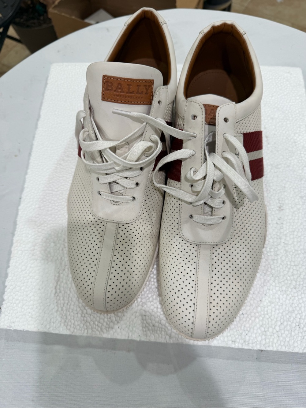 Bally Men’s Off-White Perforated Leather Sneakers with Red Stripe